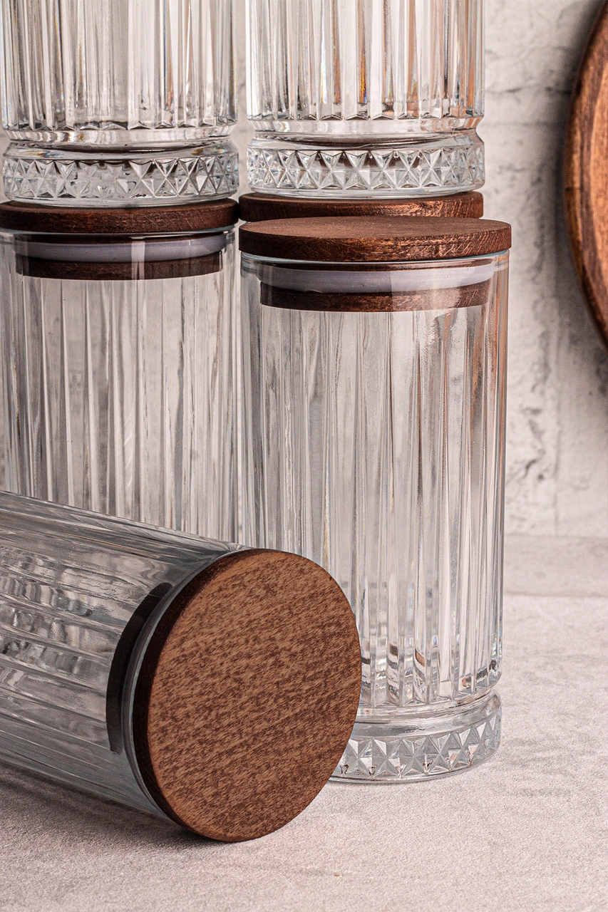 Mira 6'lı Ahşap Vakumlu Kapaklı Cam Saklama Kabı 450 Ml 6 Adet Ahşap