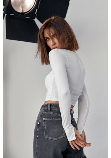 Kara Yaka Uzun Kollu Crop - Beyaz Karışık
