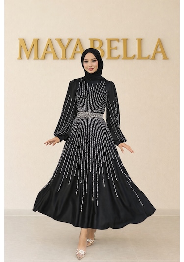 Mayabella İşlemeli Saten Tesettür Abiye Siyah Siyah
