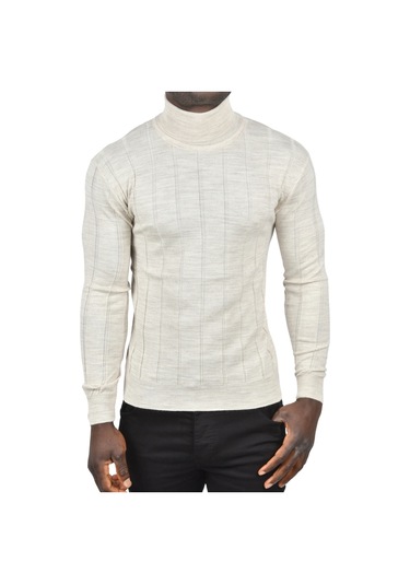 Deepsea Erkek Bej Slim Fit Likralı Tam Balıkçı Yaka Çizgili Boğazlı Kazak 2505504 Bej