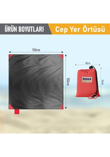 Haegs Cep Yer Örtüsü, Piknik Örtüsü Kamp Matı, Plaj Yer Örtüsü, Su Geçirmez, Kum Tutmaz, Hızlı Kurur, Hafif, Katlanabilir İnce Zemin Örtüsü Outdoor Açık Hava Kamp Yürüyüş Seyahat İçin - El Askılı - 150-150cm - Kırmızı
