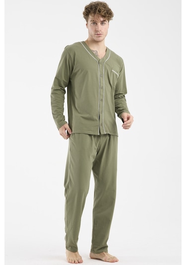 Sementa V Yaka Düğmeli Pijama Takım - Haki Haki