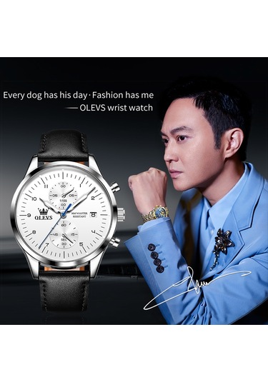 Olevs 2880 Erkekler Çok Fonksiyonlu İş Su Geçirmez Deri Kayış Kuvars Saat Beyaz