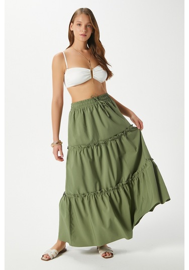 Kadın Elanora Haki Astarlı Katlı Poplin Etek Haki