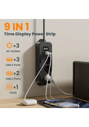Siyah 5 Ft 9-in-1 Usb Tischsteckdose, Anahtarlar İle, Type-c, Splitter, Eck-design, 1.5/3 Metre Kablo, Aşırı Gerilim Koruması, Ev Ofisi İçin