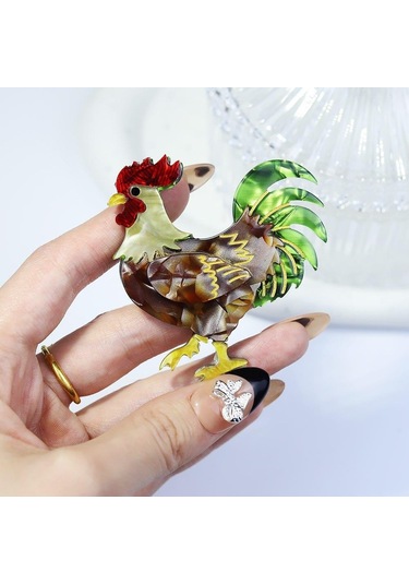 Blucome Özel El Yapımı Canlı Akrilik Büyük Kuyruk Horoz Horoz Broş Kadınlar Için Tasarımcı Unisex Tavuk Parti Ofis Broş Pins Yeşil