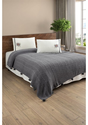 Triko Örme Nakışlı Çift Kişilik Battaniye Takımı Tivoli Rosetta Gri