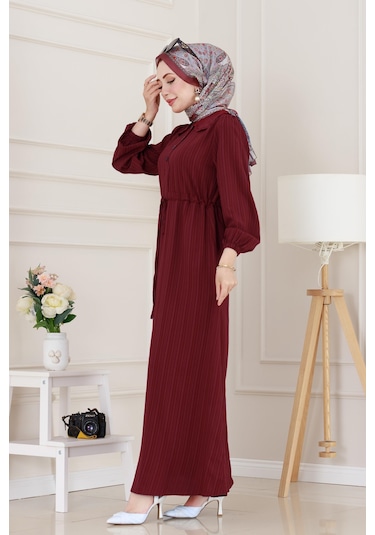 Yakası Güpür Nova Elbise-bordo-5027 Bordo