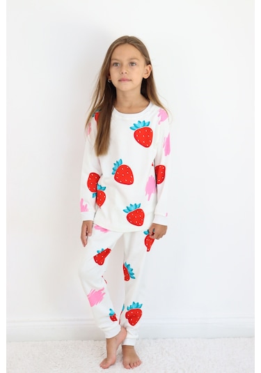 Kız Çocuk Orta Kalınlıkta Basic Baskılı Pijama Takımı Beyaz