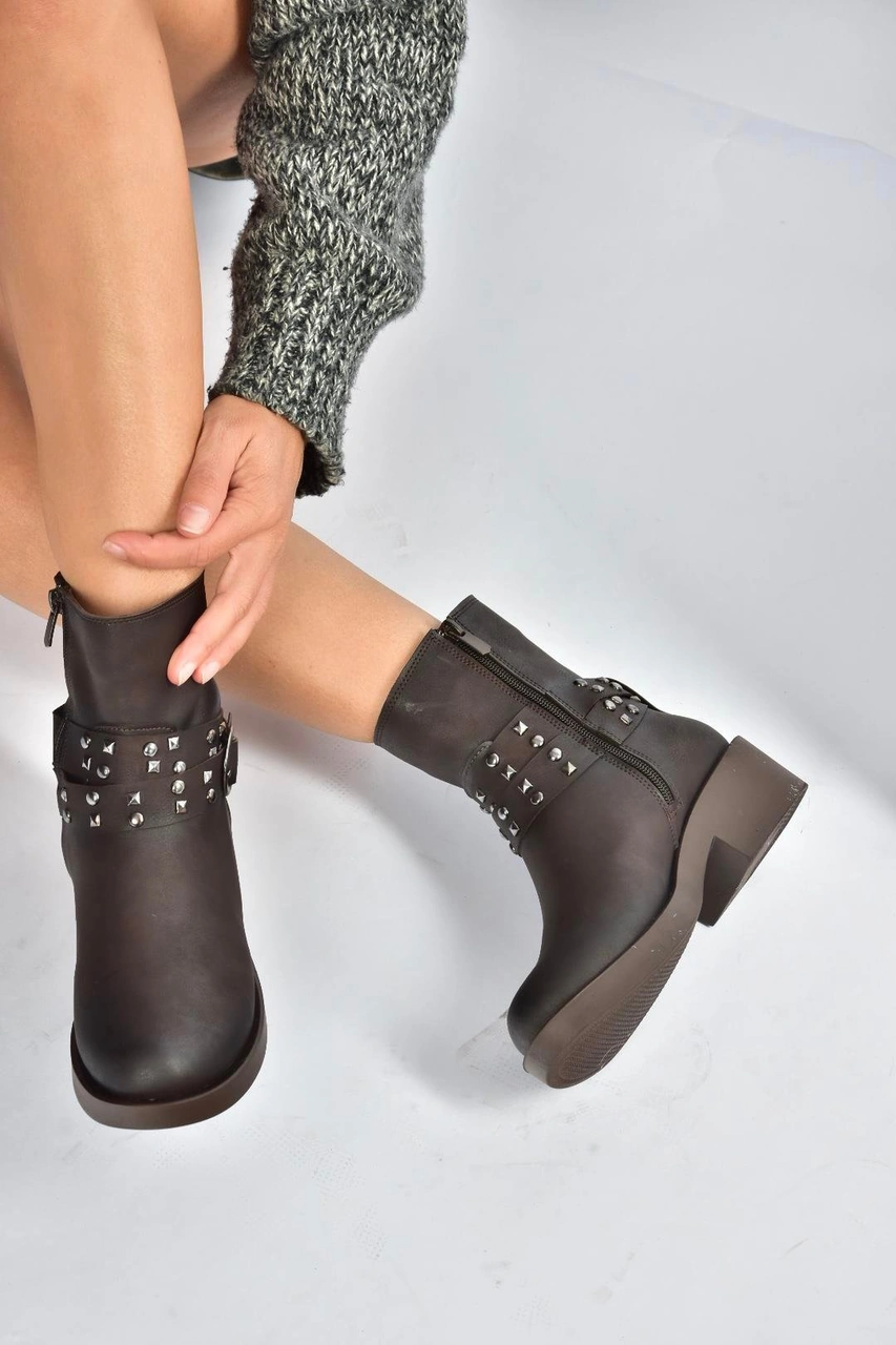Fox Shoes V674121209 Kahverengi Alçak Topuklu Fermuarlı Kadın Bot Kahverengi-suni Deri
