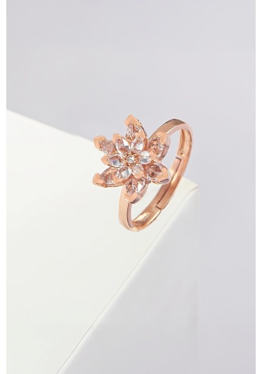 Beyaz Zirkon Taşlı Rose Renk Ayarlanabilir Lotus Gümüş Bayan Yüzük -7902