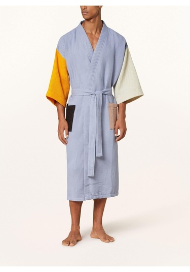 Unisex Kimono, Renk Bloklu, Şal Yakalı, %60 Pamuk, 125 Cm Uzunluk Açık Mavi