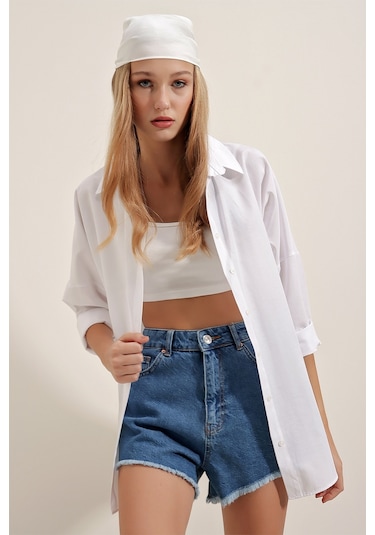 Bigdart 3900 Oversize Uzun Basic Kadın Gömlek Beyaz