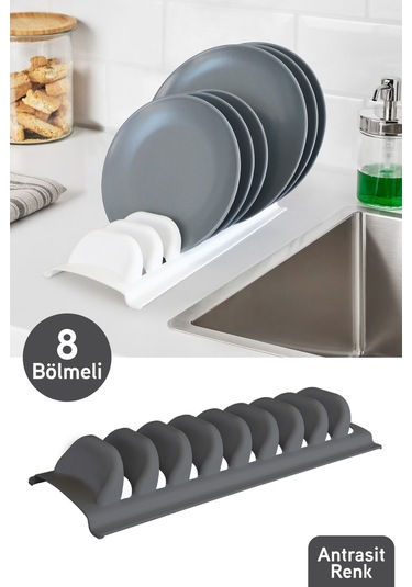İronika Bulaşıklık 8 Li Tezgah Üstü Tabak Kurutmalık Antrasit Antrasit