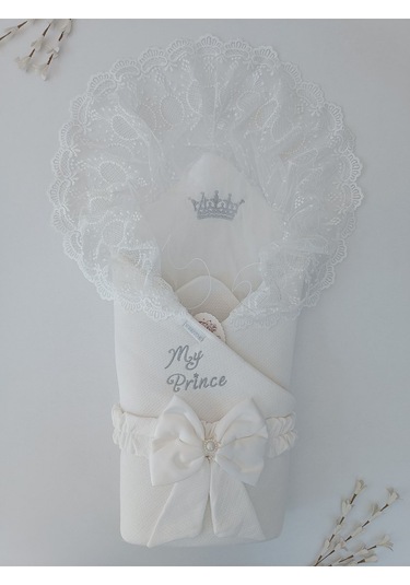 Ekru Erkek Bebek Battaniyesi Dantelli Mevlütlük Hastane Çıkışı Yenidoğan %100 Pamuklu Hediyelik Ekru