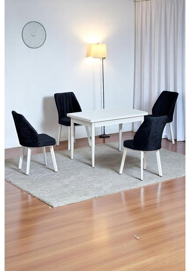 Florn Beyaz 80 X 132 Açılabilen Sunta Masa Metal Ayaklı Mutfak Masası Takımı 4 Siyah Sandalye Siyah