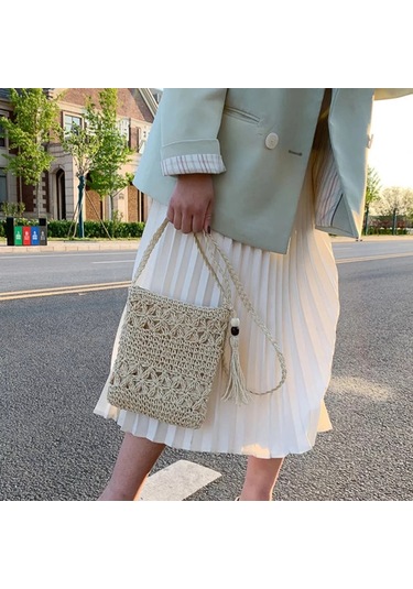 Dofolink Bej Kağıt Ip Örgü Çapraz Askılı Çanta - El Yapımı, Delikli Detaylı, Yaz Tatili Ve Plaj İçin Bej