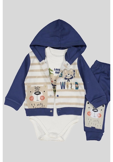Kamp Desenli Kapüşonlu % 100 Pamuk Erkek Bebek Takımı Lacivert