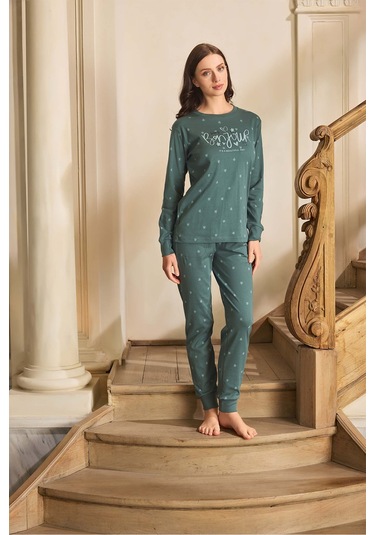Aydoğan Kadın Lavin Ribana Manşetli Viridian Koton Pijama Takım 0593 Yeşil