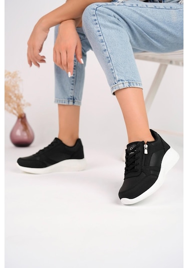 Muggo Asel Garantili Kadın Ortopedik Günlük Bağcıklı Yandan Fermuarlı Rahat Sneaker Spor Ayakkabı Siyah - Beyaz