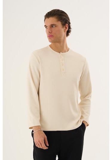 Waffle Kumaş Düğmeli Yaka Uzun Kollu Sweatshirt Ekru