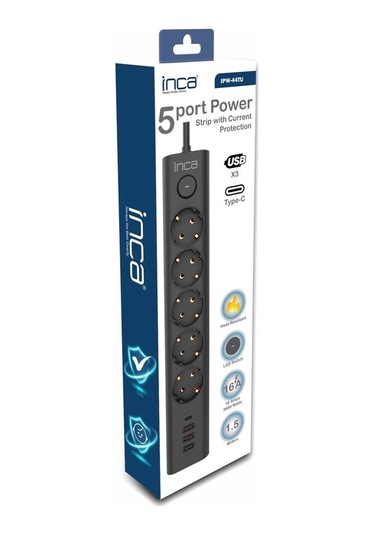 Inca Ipw-44tu 5li 1,5mt Siyah 3usb+typ-c Akım Korumalı Led Tuşlu Priz Standart