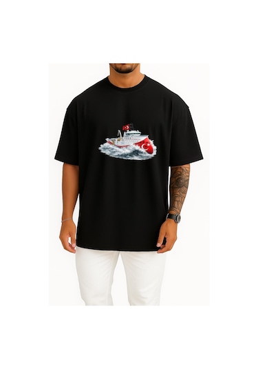 Bahriyeli Collection Oversize Rv Barbaros Hayreddin Paşa Dalgalar Arası Göğüs Ve Sırt Baskılı Unisex T-shirt Siyah
