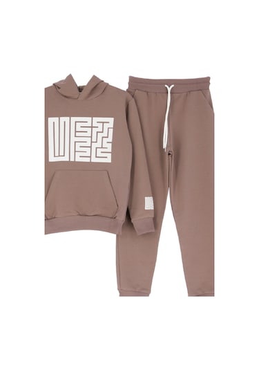 Kız Çocuk 2 İplik Küfe Yazı Görselli Kapüşonlu Alt-üst Takım 12374 Açık Kahve
