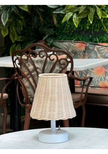 Rattan & Bambu Masa Üstü Kablosuz Pilli Abajur Masa Lambası Beyaz