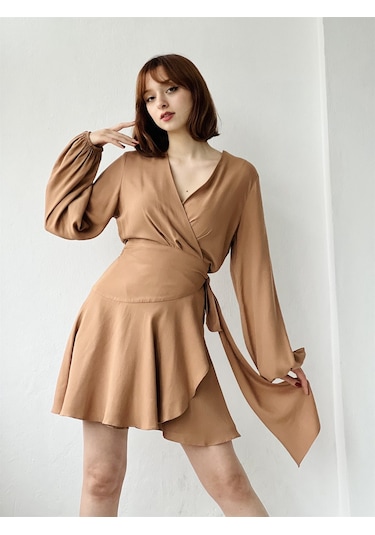 Retrobird Tasarım Ashley Kruvaze Elbise Kadın Taba