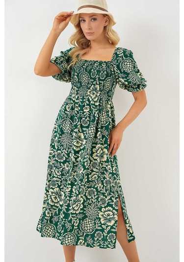 Kare Yaka Prenses Kol Önü Gipeli Yanları Yırtmaçlı Çiçek Desenli %100 Pamuk Midi Boy Viskon Elbise Yeşil