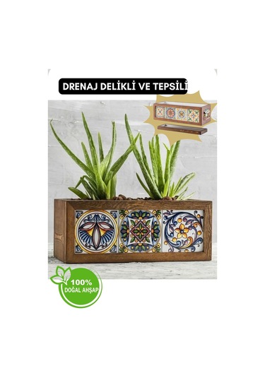 Halohope El Yapımı 3 Meksika Çinili Dekoratif Modern Ahşap Dikdörtgen Bahçe Balkon Saksı Saksılık Çiçeklik