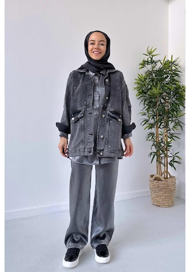 Çift Cep Taşlı Kot Ceket - Antrasit Antrasit
