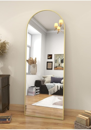 Zer 160x55 Kemerli Zemin Aynası,tam Boy Aynalı Duvar Aynası, Yatak Odası, Giyinme Odası İçin Standlı Gold