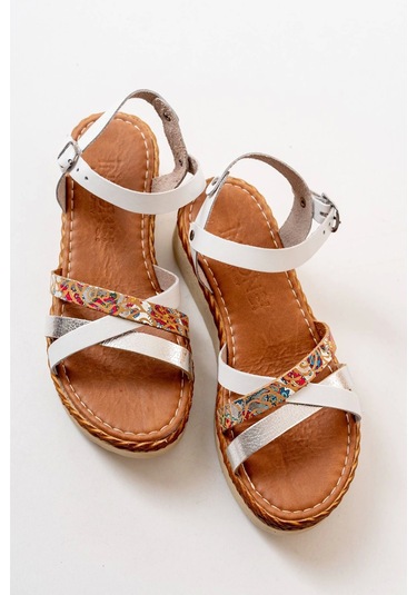 730-015 Beyaz Garni Ortopedik Hakiki Deri Dolgu Kadın Sandalet Beyaz