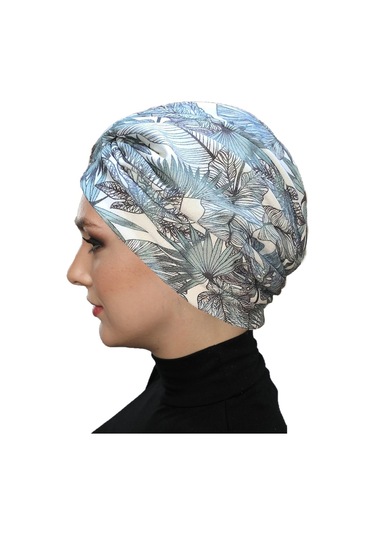 Desenli Çapraz Penye Krem-yeşil Yaprak Desenli Hazır Türban Tesettür Havuz Bonesi Krem - Yeşil