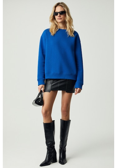 GRIMELANGE Vaneltına Kadın Organik Pamuklu Yumuşacık İçi Polarlı Yuvarlak Yakalı Parlament Mavi Swea Parlament Mavisi