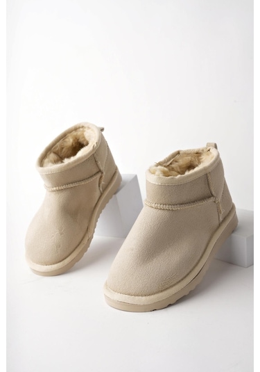 Muggo Snow Garantili Unisex Çocuk Kalın Taban İçi Tüylü Günlük Mini Yarım Bot Bej