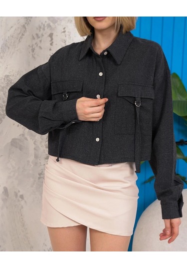 Kemer Cepli Keten Crop Gömlek Siyah S255350 Siyah