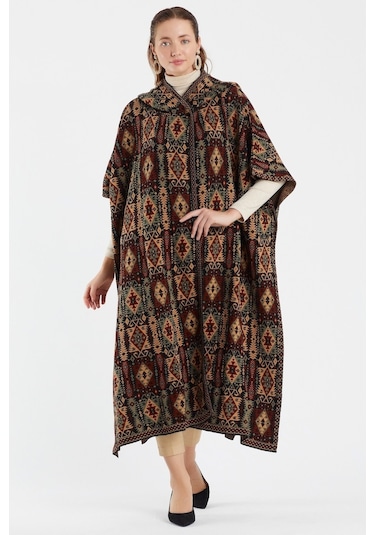 Uludağ Triko Kadın Kilim Desen Kapşonlu Panço Gümüş-Std Gümüş
