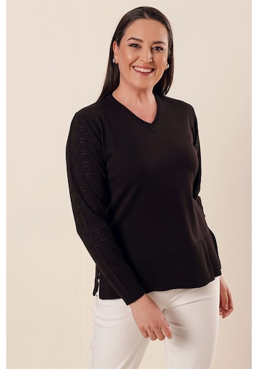 V Yaka Kolları Modelli Yanları Yırtmaçlı Büyük Beden Akrilik Kaza Siyah