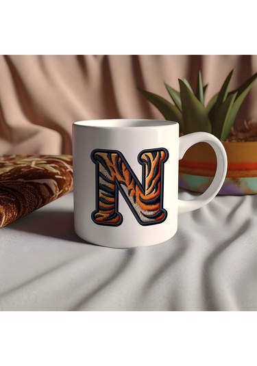 N Harfi Kaplan Figürlü Nakış Desenli Kupa Bardak - Kişiye Özel Vahşi Hayvan Desenli Kupa - Hediye Beyaz