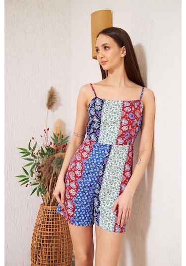 Bordo Desenli Patchwork Şort Tulum Dm4003 Mavi