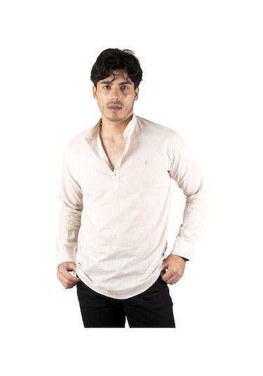 Deepsea Erkek Bej Yarım Düğme Keten Gömlek Bej