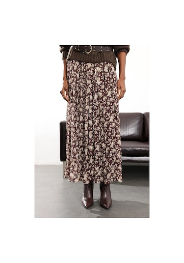 Kahverengi Kemer Detaylı Çiçekli Şifon Etek 0651 Kahverengi