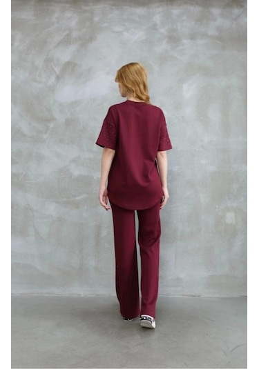 Osy Modal Yumuşak Dokulu Kumaş Bisiklet Yaka Taş Detaylı Kısa Kollu Takım - Bordo Bordo