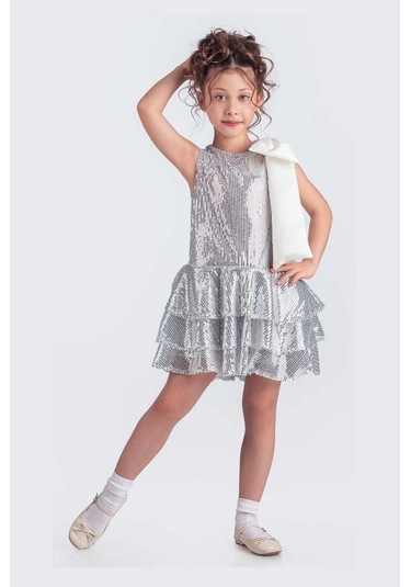 Etekli Şık Elbise Pullu 3 Kat Gri