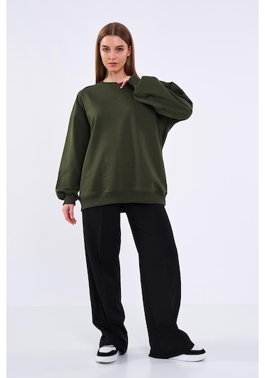 Comeor Haki Kadın Pamuklu Oversize Basic Bisiklet Yaka Sweatshirt 001