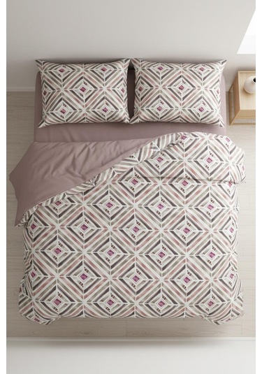 Geometrik Dokunuş Çift Kişilik %100 Pamuk Nevresim Takımı GÜL KURUSU