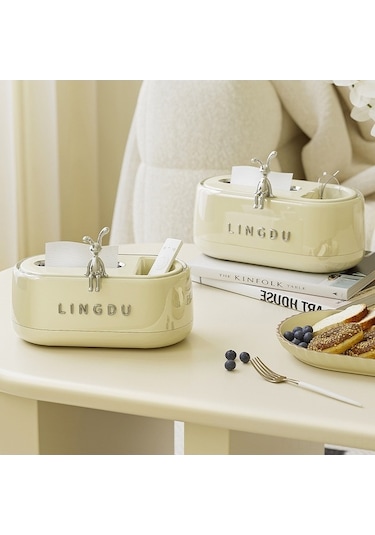 Besthome1 Beyaz Tavşan Desenli Masaüstü Bez Kutusu - Oturma Odası & Banyo Dekorasyonu - 25x13x10cm